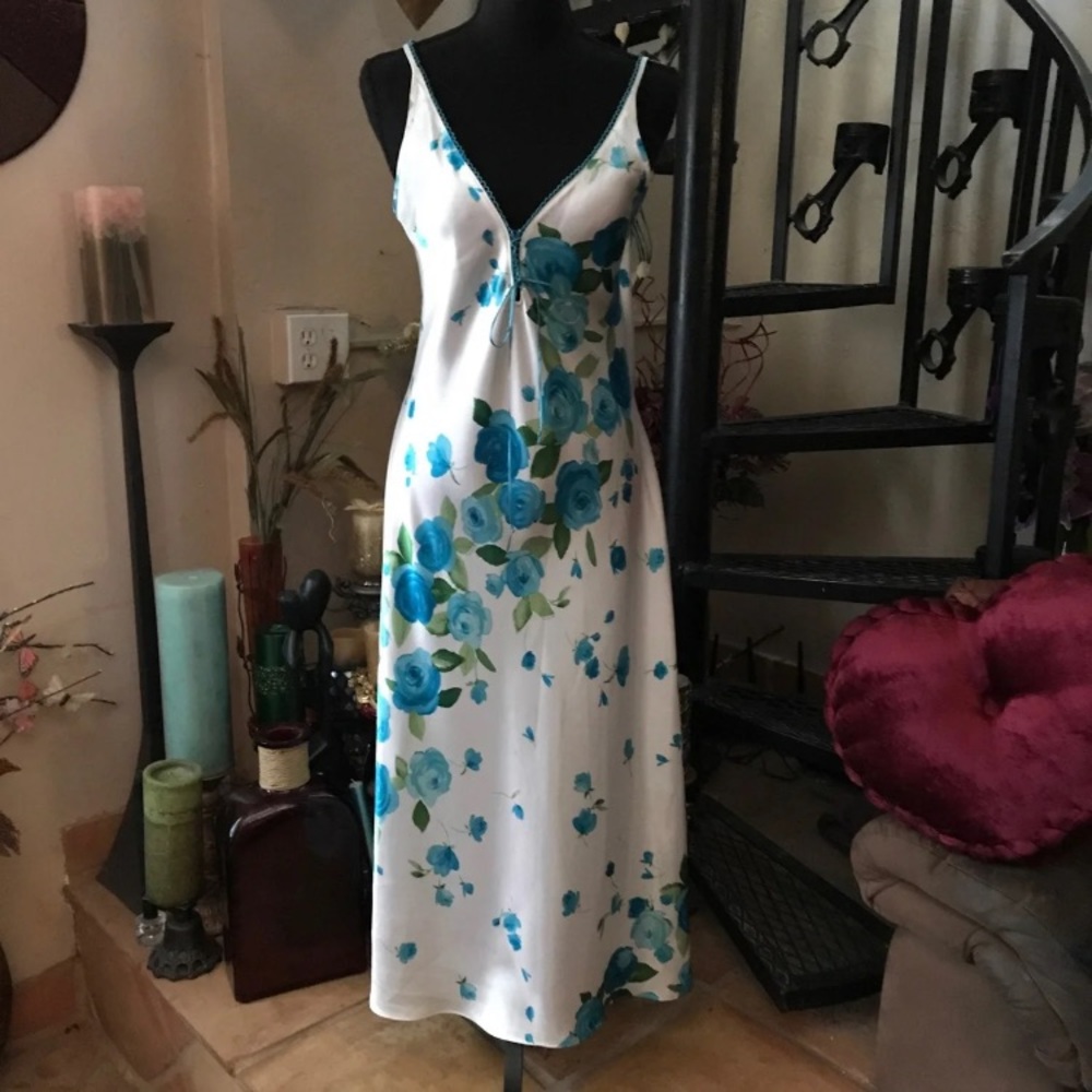 Vintage Satin Green Blue Floral Long Slip Dress Nightgown Robe - Picture 2 of 7